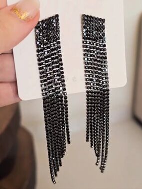 Black Rhinestone Fringe Drop Earrings - Women Jewelry